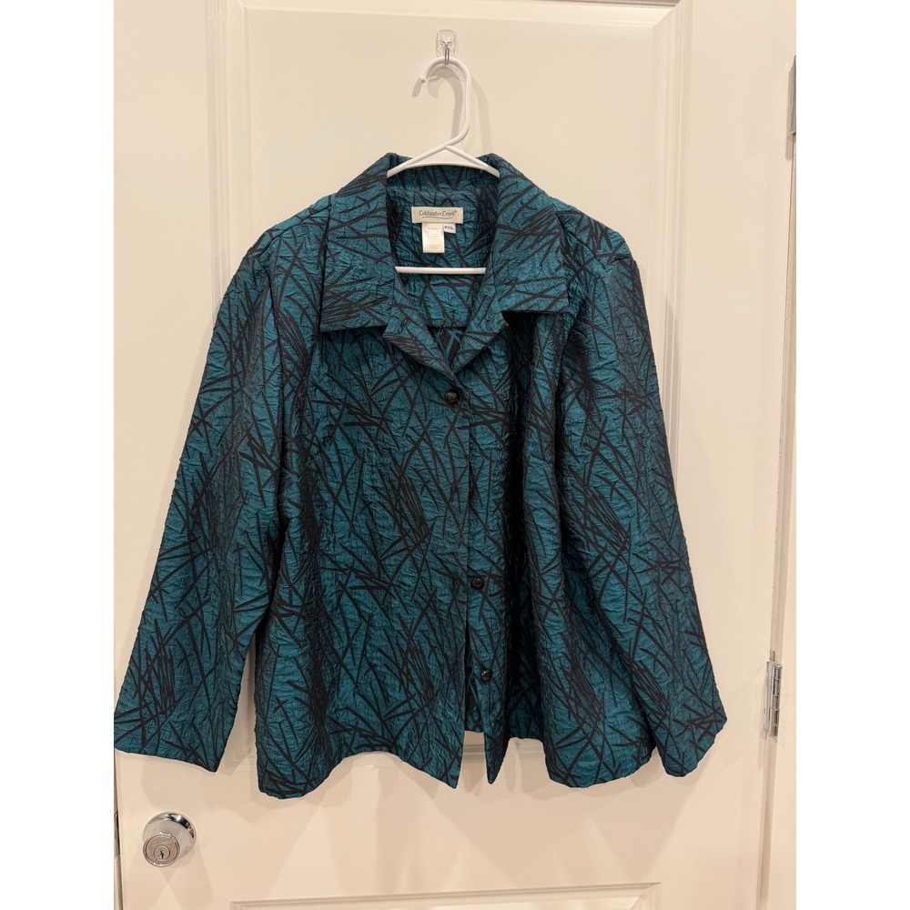 Coldwater Creek Vintage Teal Black Abstract Crinkle Jacket PXL Petite XL